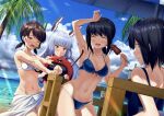  1boy 1other 4girls abyssal_ship admiral_(kancolle) alternate_breast_size arm_up armpits beach beach_umbrella bikini black_bikini black_hair blue_bikini blue_one-piece_swimsuit blue_sky blush breasts brown_eyes brown_hair bubble_tea cleavage cleavage_cutout clenched_teeth closed_eyes clothing_cutout cloud collarbone commentary_request day enemy_lifebuoy_(kancolle) from_behind fubuki_(kancolle) giving_up_the_ghost grey_hair groin hair_ribbon hammer headgear highres ichikawa_feesu kantai_collection light_rays long_hair looking_at_viewer looking_back low_ponytail low_twintails medium_breasts miyuki_(kancolle) multiple_girls murakumo_(kancolle) navel one-piece_swimsuit one_eye_closed orange_eyes outdoors parted_bangs pointing polka_dot polka_dot_bikini ponytail ribbon sarong shirayuki_(kancolle) short_hair short_ponytail short_twintails sidelocks sky snorkel squid sunbeam sunlight swimsuit t-head_admiral tears teeth tress_ribbon twintails umbrella when_you_see_it white_bikini 