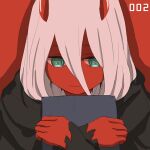  1girl black_cloak cloak colored_skin commentary darling_in_the_franxx eyebrows_hidden_by_hair green_eyes hair_between_eyes horns kurahika pink_hair portrait red_horns red_skin solo zero_two_(darling_in_the_franxx) 