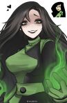  1girl absurdres artist_name black_hair black_lips bodysuit breasts evil_smile gloves green_bodysuit green_eyes green_gloves highres kim_possible long_hair looking_at_viewer makeup medium_breasts mikuneki shego smile solo very_long_hair 