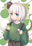  1girl absurdres adapted_costume backpack bag belt belt_buckle black_ribbon blush bob_cut bubble_tea buckle closed_mouth contemporary cup disposable_cup fingernails frills green_nails green_sweater hair_ribbon highres holding holding_cup konpaku_youmu konpaku_youmu_(ghost) long_fingernails long_sleeves multicolored_background nail_polish plaid puffy_long_sleeves puffy_sleeves ribbon short_hair sleeves_past_wrists smile solo star_(symbol) suguharu86 sweater touhou upper_body white_hair 