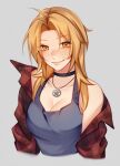  1girl aiphelix alternate_costume black_choker blonde_hair blush breasts choker edward_elric fullmetal_alchemist genderswap genderswap_(mtf) highres large_breasts long_hair looking_at_viewer off_shoulder pentagram_necklace simple_background smile upper_body yellow_eyes 