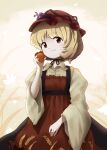  1girl absurdres aki_minoriko apron blonde_hair grape_hat_ornament hat highres mob_cap plant red_apron red_eyes red_headwear shirt short_hair smile solo street_dog touhou wide_sleeves yellow_shirt 