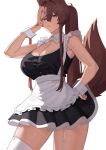  1girl animal_ears breasts brown_eyes brown_hair cleavage fox_ears fox_tail franham frills highres large_breasts long_hair maid original ponytail simple_background solo tail unfinished very_long_hair white_background white_wrist_cuffs wrist_cuffs 