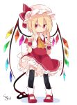  1girl absurdres ascot black_thighhighs blonde_hair bloomers bow crystal dress embodiment_of_scarlet_devil flandre_scarlet hat highres jitome laevatein_(touhou) large_bow looking_at_viewer mary_janes mob_cap paw_pose petticoat puffy_short_sleeves puffy_sleeves red_dress red_eyes red_footwear shoes short_hair short_sleeves side_ponytail solo soru_(remonntteumai) thighhighs touhou underwear white_bloomers white_headwear wings wrist_cuffs yellow_ascot 