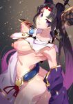  1girl armor asymmetrical_sleeves black_hair blue_eyes blush breasts breasts_out closed_mouth commentary_request detached_sleeves fate/grand_order fate_(series) feather_hair_ornament feathers from_side hair_ornament hat japanese_armor long_hair looking_at_viewer medium_breasts mismatched_sleeves nipples parted_bangs pointy_breasts pom_pom_(clothes) purple_sleeves shoulder_armor side_ponytail simple_background smile sode solo tate_eboshi ushineko_(onekosama1234) ushiwakamaru_(fate) very_long_hair white_sleeves 