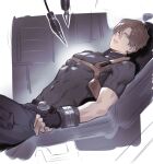  1boy bed_straps brown_hair curtained_hair fingerless_gloves gloves gurney half-closed_eyes highres leon_s._kennedy lying male_focus muscular muscular_male naijarski on_back pectorals resident_evil resident_evil_4 resident_evil_4_(remake) shirt short_hair short_sleeves solo t-shirt tight_clothes tight_shirt 
