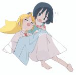 2girls :d barefoot black_hair blonde_hair blue_eyes blush buttergirl_02 closed_eyes collared_shirt commentary_request covering_with_blanket flying_sweatdrops full_body lab_coat long_hair long_sleeves looking_at_another lying multiple_girls necktie nichijou nose_bubble on_back open_mouth orange_necktie professor_shinonome shinonome_nano shirt short_hair simple_background sleeping smile white_background white_shirt winding_key 