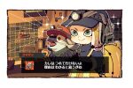  1girl black_gloves black_shirt blonde_hair blue_headwear blush border cable chair character_request check_character closed_mouth commentary_request creature gloves green_eyes green_headphones green_shirt hat headless headset holding holding_creature innertube long_sleeves octoling open_mouth orange_headwear potsupo rope salmon_run_(splatoon) salmonid shirt short_hair smallfry_(splatoon) smile sparkling_eyes splatoon_(series) splatoon_3 sunset tentacle_hair tile_floor tiles translation_request turtleneck upper_body v-shaped_eyebrows vest white_border yellow_vest 