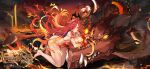 1girl bare_shoulders breasts dragon fire highres kanola_u large_breasts long_hair looking_at_viewer original red_eyes red_hair smile solo the_symphony_of_dragon_and_girls western_dragon 