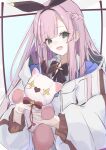  1girl :d absurdres arcaea black_bow black_bowtie black_hairband bow bowtie braid collared_shirt culumi_0416 drawstring french_braid green_eyes hairband highres holding holding_stuffed_toy hood hood_down hooded_jacket jacket kou_(arcaea) long_hair pink_hair shirt smile solo stuffed_toy upper_body white_jacket white_shirt 