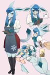  1girl :&lt; :3 absurdres afterimage animal_ears animal_hands apron arms_up black_apron black_socks blue_fur blue_hair blue_panties blue_sclera body_fur bottomless bra bra_removed breasts buttons cellphone claws clipboard closed_eyes closed_mouth clothes_lift coffee collarbone collared_shirt colored_sclera commentary_request cropped_torso cup ears_down embarrassed english_commentary expressionless flying_sweatdrops from_above from_side frost frozen full_body furry furry_female glaceon groin gu_deulmok half-closed_eyes hands_up heart highres holding holding_clipboard holding_cup holding_pen holding_phone kneehighs korean_commentary latte_art legs legs_together long_hair looking_at_phone lying medium_breasts miniskirt mixed-language_commentary mug multicolored_hair multiple_views navel nervous no_bra on_back outstretched_arms own_hands_together panties panties_removed partial_commentary pen personification phone pillow pink_background pocket poke_ball_symbol pokemon pokemon_(creature) profile red_skirt shiny_skin shirt shirt_lift short_sleeves sidelocks simple_background skirt smartphone snowflake_print socks speech_bubble standing stomach striped striped_panties tail tail_censor trembling twintails two-tone_fur two-tone_hair underboob underwear upper_body waitress white_eyes white_shirt writing 