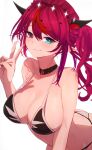  1girl bikini black_bikini blue_eyes breasts choker double_halo getto halo heterochromia highres hololive hololive_english horns irys_(hololive) large_breasts long_hair looking_at_viewer multicolored_hair pointy_ears purple_hair red_eyes red_hair smile star_halo swimsuit two-tone_hair v virtual_youtuber 