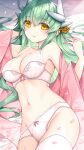  1girl bare_shoulders blush bra breasts cleavage commentary_request dragon_girl dragon_horns fate/grand_order fate_(series) green_hair highres horns kiyohime_(fate) large_breasts long_hair long_sleeves looking_at_viewer morizono_shiki navel off_shoulder panties solo stomach underwear white_bra white_panties wide_sleeves yellow_eyes 