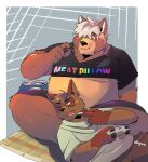  2023 absurd_res anthro belly big_belly brown_body canid canine clothing controller duo eating food game_controller hi_res kemono male mammal overweight overweight_male raccoon_dog realiron_(artist) shirt sitting tanuki topwear 
