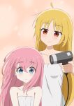  2girls absurdres ahoge aqua_eyes bad_id bad_twitter_id blonde_hair bocchi_the_rock! closed_mouth collarbone drying drying_hair gotou_hitori hair_dryer highres holding holding_hair_dryer ijichi_nijika light_frown light_smile long_hair multiple_girls naked_towel orange_background pink_hair red_eyes split_mouth thundradrawings towel 
