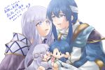  anniversary blue_eyes blue_hair brother_and_sister cape circlet deirdre_(fire_emblem) dress fire_emblem fire_emblem:_genealogy_of_the_holy_war flower headband highres julia_(fire_emblem) long_hair looking_at_another parent_and_child ponytail purple_eyes purple_hair seliph_(fire_emblem) siblings sifil_amfr sigurd_(fire_emblem) stuffed_toy white_headband 