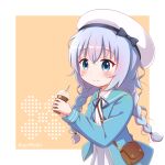  1girl bag beret black_bow black_ribbon blue_eyes blue_hair blue_jacket blush bow braid brown_background closed_mouth collared_dress commentary_request cup disposable_cup dress drinking_straw gochuumon_wa_usagi_desu_ka? goth_risuto hair_between_eyes hat hat_bow holding holding_cup jacket kafuu_chino long_hair low_twintails neck_ribbon open_clothes open_jacket revision ribbon shoulder_bag smile solo twin_braids twintails twitter_username two-tone_background very_long_hair white_background white_dress white_headwear 