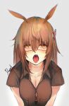  1girl animal_ears artist_name blush breasts brown_eyes brown_hair brown_shirt button_gap cleavage darah girls&#039;_frontline hair_between_eyes hair_ornament highres large_breasts long_hair looking_at_viewer messy_hair open_mouth pov rabbit_ears red-framed_eyewear saliva semi-rimless_eyewear shirt simple_background solo tongue type_88_(girls&#039;_frontline) white_background 