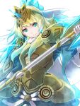  1girl armor armored_dress axe blonde_hair blue_eyes clear_glass_(mildmild1311) family_crest fire_emblem fire_emblem_heroes fjorm_(fire_emblem) fjorm_(ice_ascendant)_(fire_emblem) flower fur_collar gold_armor hair_flower hair_ornament hair_over_shoulder halberd highres holding holding_axe long_hair looking_down polearm smile solo tiara veil weapon 