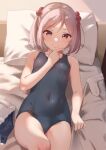  1girl bed blue_one-piece_swimsuit blush breasts covered_navel hair_bobbles hair_ornament hand_on_own_chin highres kantai_collection looking_at_viewer lying on_back on_bed one-piece_swimsuit pillow pink_eyes pink_hair sakieko sazanami_(kancolle) sheet_grab short_hair short_twintails small_breasts solo swimsuit twintails 