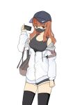  1girl anglerfish backpack bag baseball_cap black_headwear black_shorts black_tank_top black_thighhighs blunt_bangs casual cellphone commentary cowboy_shot dolphin_shorts emblem fish girls_und_panzer guropara hat holding holding_phone jacket long_hair looking_at_viewer mask mouth_mask off_shoulder orange_eyes orange_hair partially_unzipped phone shorts simple_background smartphone solo standing takebe_saori tank_top thighhighs white_background white_jacket 