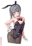  1girl alternate_costume animal_ears bare_shoulders black_leotard blush bow bowtie breasts commentary_request cowboy_shot detached_collar ebifurya fake_animal_ears grey_hair hand_on_own_hip highres kantai_collection kasumi_(kancolle) leotard long_hair looking_at_viewer pantyhose playboy_bunny rabbit_ears side_ponytail small_breasts solo strapless strapless_leotard tail twitter_username white_background wrist_cuffs yellow_eyes 
