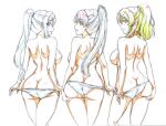 3girls ass ass_support ayase_eli backboob black_hair blonde_hair blue_eyes breasts butt_crack color_trace commentary_request from_behind hairstyle_connection hazuki_ren high_ponytail highres in-franchise_crossover kotokoto_(jumon) large_breasts long_hair looking_at_viewer looking_back love_live! love_live!_school_idol_project love_live!_sunshine!! love_live!_superstar!! matsuura_kanan multiple_girls orange_eyes panties panty_pull ponytail standing topless trait_connection underwear white_panties 