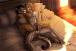  3:2 absurd_res after_sex ale-tie anthro bed bethesda_softworks bodily_fluids cum cum_covered duo eye_contact felid furniture genital_fluids hi_res khajiit looking_at_another lying lying_on_bed male male/male mammal markings messy on_back on_bed on_bottom on_top reverse_cowgirl_position sex spooning spots spotted_markings the_elder_scrolls 