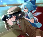  2girls black_hair blue_bow blue_dress blue_hair bow brown_coat brown_headwear camera cirno coat collared_shirt commentary_request dress fairy hair_bow hat highres holding holding_camera ice ice_wings long_sleeves mikan_(manmarumikan) multiple_girls necktie pointy_ears red_necktie shameimaru_aya shameimaru_aya_(newsboy) shirt short_hair short_sleeves touhou white_shirt wings 