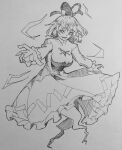  1girl breasts cross-laced_clothes dress full_body ghost_tail greyscale hat highres kanaria_(bocmn) large_breasts long_sleeves monochrome ofuda ofuda_on_clothes one-hour_drawing_challenge open_mouth short_hair soga_no_tojiko tate_eboshi touhou traditional_media 