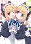  2girls ;d animal_ear_headphones animal_ears apron blonde_hair blue_archive blue_ribbon bow cat_ear_headphones cat_tail collared_shirt commentary fake_animal_ears fake_tail green_halo hair_bow halo headphones holding_hands hug interlocked_fingers long_sleeves looking_at_viewer maid maid_apron maid_headdress midori_(blue_archive) midori_(maid)_(blue_archive) momoi_(blue_archive) momoi_(maid)_(blue_archive) multiple_girls neck_ribbon one_eye_closed open_mouth pink_halo polka_dot polka_dot_background ribbon saeki_hokuto shirt short_hair siblings sisters smile tail twins upper_body v white_apron 