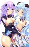  2girls absurdres back backless_outfit bare_back bare_shoulders bimmy blue_hair bow breasts cleavage commission detached_sleeves ganyu_(genshin_impact) genshin_impact goat_horns highres horns large_breasts long_hair long_sleeves looking_at_viewer looking_back multiple_girls neptune_(series) purple_heart solo white_sleeves 