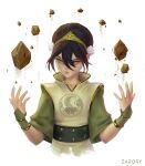  1girl artist_name avatar_legends blind brown_hair cowboy_shot cropped_torso expressionless floating_rock green_eyes hair_between_eyes hands_up highres looking_to_the_side short_hair short_sleeves solo toph_bei_fong wide_sleeves zarory 