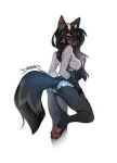  ana_(yasmil) anthro black_hair black_nose bottomwear canid canine canis clothing domestic_dog dragonfu female fluffy fluffy_tail hair hi_res horn long_hair looking_at_viewer mammal pawpads paws pink_pawpads rear_view red_eyes shorts solo standing tail 