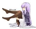  1girl black_cape breasts cape circlet dress feet fire_emblem fire_emblem:_genealogy_of_the_holy_war holding_leg julia_(fire_emblem) long_hair looking_to_the_side pantyhose purple_eyes purple_hair simple_background solo yukia_(firstaid0) 
