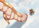  1girl arm_armor armor cloud feet giant giantess heart heart-shaped_eyes helmet high_heels highres knight leg_armor lian_(paladins) nail_polish paladins pauldrons pink_nails ruby_suguri sandals shadow shoulder_armor signature size_difference toenail_polish toenails toes 