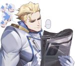  ... 1boy blonde_hair closed_eyes closed_mouth gaeag_prma galo_thymos highres holding holding_newspaper holding_pen jacket kray_foresight male_focus newspaper pen phone promare short_hair simple_background smile talking_on_phone upper_body white_background white_jacket 