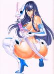  1girl adapted_costume ass bakuzan bare_shoulders bikini black_hair blue_eyes boots breasts elbow_gloves gloves high_heel_boots high_heels highres holding holding_sword holding_weapon huge_ass junketsu kill_la_kill kiryuuin_satsuki large_breasts long_hair looking_at_viewer looking_back octavius_(octavius_dp) sheath shoes smile solo squatting swimsuit sword thick_thighs thigh_boots thighs traditional_media unsheathing weapon white_background white_bikini white_gloves wide_hips 
