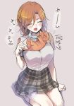  1girl animalization blush breasts brown_skirt cat closed_eyes collared_shirt ensemble_stars! epuko genderswap genderswap_(mtf) grey_background large_breasts mikejima_madara open_mouth orange_cat orange_hair plaid plaid_skirt shirt skirt translation_request tsukinaga_leo white_shirt 