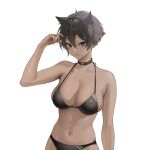  1girl arm_up bare_arms bare_shoulders bikini black_bikini black_choker black_eyes black_hair breasts brown_hair choker cleavage collarbone cowboy_shot dark-skinned_female dark_skin expressionless hair_between_eyes hair_ears halterneck highres large_breasts looking_at_viewer micchan_(ohisashiburi) navel ohisashiburi original parted_lips pointy_hair short_hair sideways_glance simple_background skindentation solo standing stomach string_bikini swimsuit tomboy tsurime upper_body wet white_background 