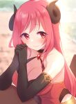  1girl bangs bare_shoulders black_gloves blurry blurry_background blush breasts cleavage closed_mouth collarbone curled_horns depth_of_field dress elbow_gloves gloves gucchiann highres horns io_(princess_connect!) large_breasts long_hair looking_at_viewer princess_connect! red_dress red_eyes red_hair solo very_long_hair 
