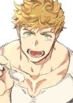  1boy bara blonde_hair blush granblue_fantasy green_eyes hazama_(hazamazama) holding holding_spoon male_focus muscular muscular_male open_mouth short_hair simple_background smile solo spoon vane_(granblue_fantasy) white_background 