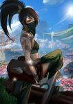  1girl absurdres akali arm_tattoo artist_name black_hair blue_sky breasts cherry_blossoms clothing_cutout cloud crop_top day english_commentary fingerless_gloves from_side gloves grass green_gloves green_mask green_pants green_shirt hayashidraws highres holding holding_scythe instagram_logo kama_(weapon) knee_up league_of_legends mask midriff mouth_mask ninja outdoors pants ponytail red_eyes rope_belt scroll scythe shirt sickle sky small_breasts solo swept_bangs tattoo twitter_logo water 