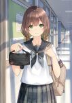  1girl bag blue_sailor_collar green_eyes hallway holding looking_at_viewer miko_fly necktie original pencil_case sailor_collar school school_bag school_uniform serafuku short_hair short_sleeves skirt solo 