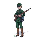  1girl absurdres american_civil_war ammunition_pouch antique_firearm belt belt_buckle black_footwear blonde_hair blush boots buckle buttons canteen commentary firelock flintlock full_body gaiters green_eyes green_jacket green_pants grin gun gun_sling hair_bun hat highres holding holding_gun holding_weapon jacket kepi long_sleeves looking_ahead military military_hat military_uniform musket original ostwindprojekt pants pouch shadow sharps_model_1874 simple_background single_hair_bun smile solo teeth uniform weapon white_background 