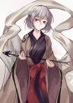  1girl absurdres adapted_costume alternate_costume arrow_(projectile) bangs breasts closed_mouth grey_background grey_hair hagoromo hair_between_eyes highres holding holding_arrow kishin_sagume large_breasts light_smile looking_at_viewer lucky_chicken red_eyes shawl short_hair solo touhou wide_sleeves 