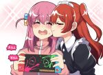  2girls animalization blush bocchi_the_rock! closed_eyes commentary cube_hair_ornament embarrassed english_commentary english_text gotou_hitori gotou_hitori_(octopus) hair_between_eyes hair_ornament handheld_game_console highres hinghoi holding holding_handheld_game_console jacket kiss kissing_cheek kita_ikuyo long_hair long_sleeves looking_at_another maid maid_headdress multiple_girls nintendo_switch one_side_up pink_hair pink_jacket red_hair short_sleeves sidelocks speech_bubble splatoon_(series) sweat sweating_profusely turtleneck turtleneck_jacket twintails yuri zipper 