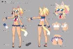  1girl animal_ear_fluff animal_ears ass bell bikini bikini_skirt blonde_hair blue_eyes blush breasts concept_art disgaea disgaea_rpg eyewear_on_head fox_ears fox_tail full_body grey_background groin hair_bell hair_ornament heart heart-shaped_eyewear highres long_hair multiple_views neckerchief official_art open_mouth piririka_(disgaea) pointy_ears ponytail red_neckerchief sailor_bikini sailor_collar sandals small_breasts smile sunglasses swimsuit tail tan tassel wrist_cuffs 