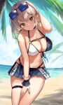  1girl :d arm_up beach bikini blue-tinted_eyewear blue_bikini blue_skirt blush breasts cleavage cowboy_shot day earrings eyewear_on_head green_eyes grey_hair grin highres hololive jewelry large_breasts looking_at_viewer miniskirt mole mole_on_breast navel ocean outdoors palm_tree parted_lips shirogane_noel short_hair skirt smile solo stomach sunglasses swimsuit thigh_strap tinted_eyewear tree two-tone_bikini virtual_youtuber water white_bikini wrist_cuffs xyunx 