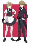 1boy 1girl animal_ears apron black_bow black_bowtie black_footwear black_jacket black_necktie black_pants black_skirt black_vest bow bowtie butler closed_mouth collared_shirt commentary_request dog_ears employee_(lobotomy_corporation) flat_chest frilled_apron frilled_sleeves frills garter_straps gloves hand_on_own_hip jacket light_brown_hair lobotomy_corporation long_sleeves maid maid_apron maid_headdress medu_(rubish) necktie open_mouth original pants project_moon puffy_short_sleeves puffy_sleeves shirt short_hair short_sleeves sketch skirt smile thighhighs vest white_apron white_gloves white_shirt white_thighhighs yellow_eyes 